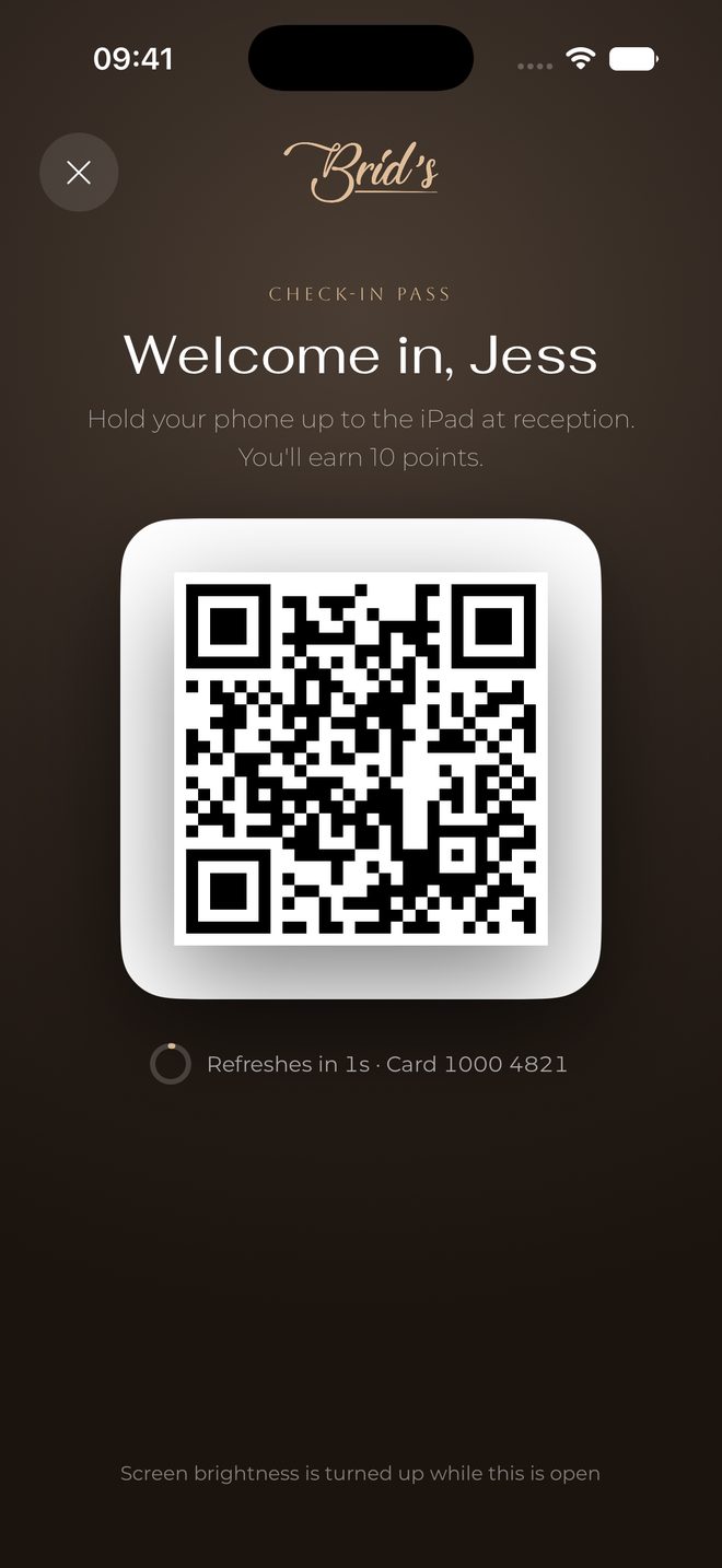 Brid's Rewards check-in screen